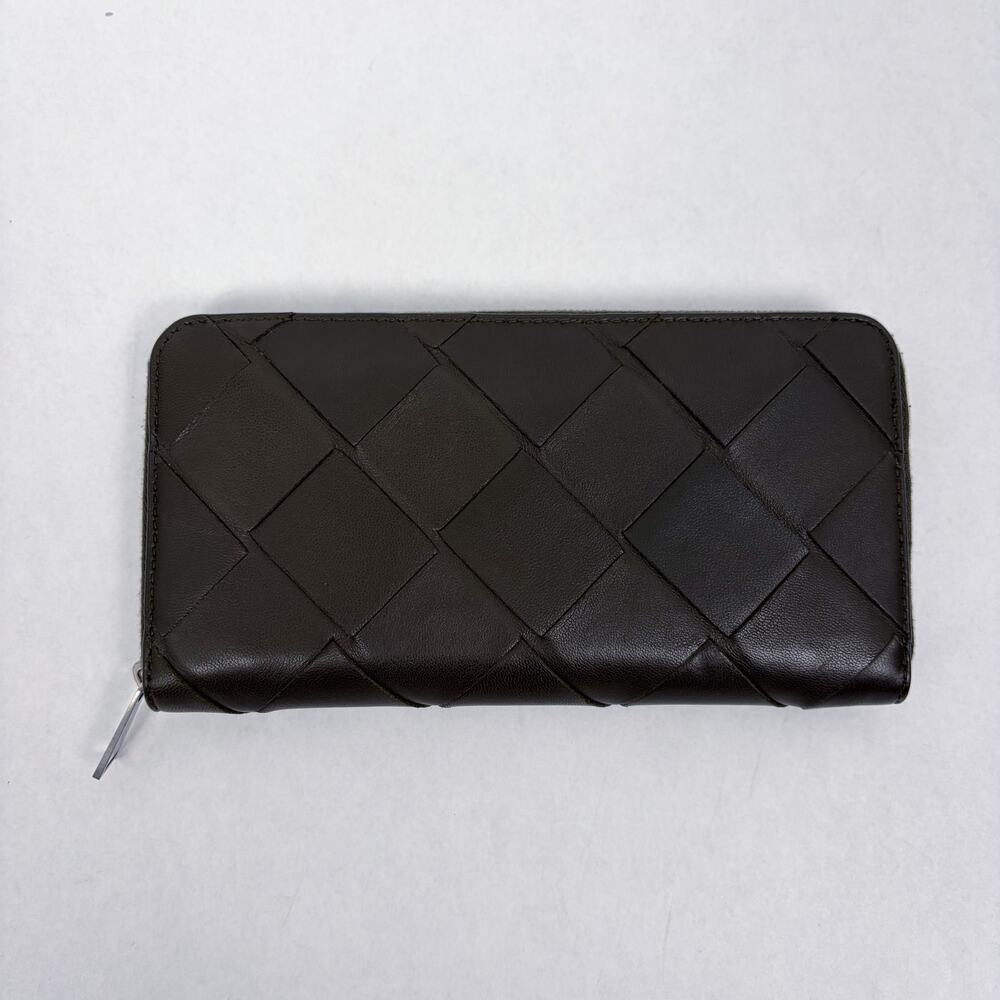 Bottega Veneta Intrecciato Large Woven Leather Long Zip Wallet Dark Brown/Olive
